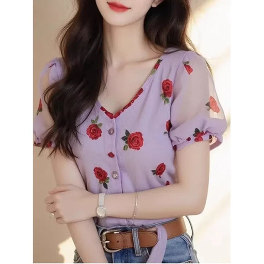 Purple Rose Print Shirt Women's Short Sleeve Bubble Sleeve V-Neck Commute Fashionable Anti-Aging French Style Top